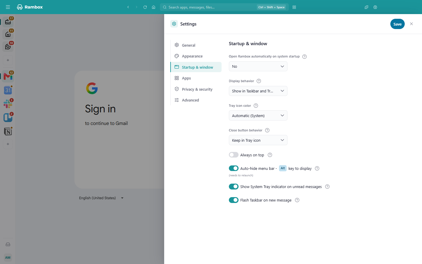 Settings › Startup & window on Windows: Open Rambox automatically, Display behavior, Tray icon color, Close button behavior, Always on top, Auto-hide menu bar, the unread indicator and Flash Taskbar switches