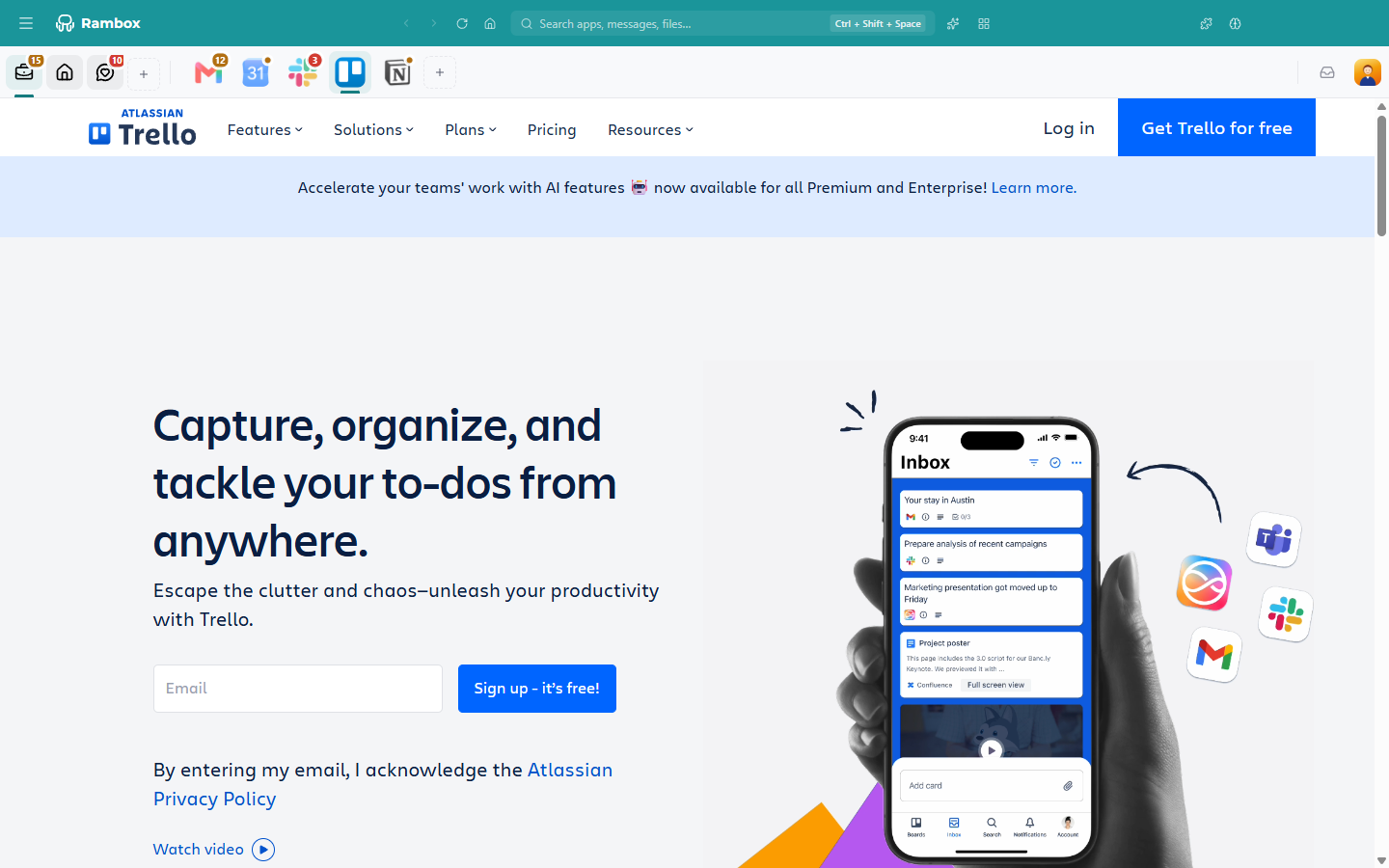 Rambox with Apps position set to Top: a horizontal bar with the workspaces, then the app icons and '+', and the Notification Center button and avatar on the right