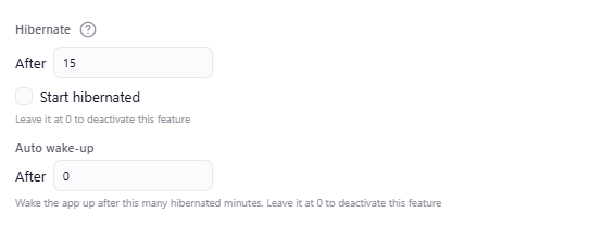 Hibernate ('After' with a number of minutes, 'Start hibernated') and Auto wake-up ('After' with its hint)