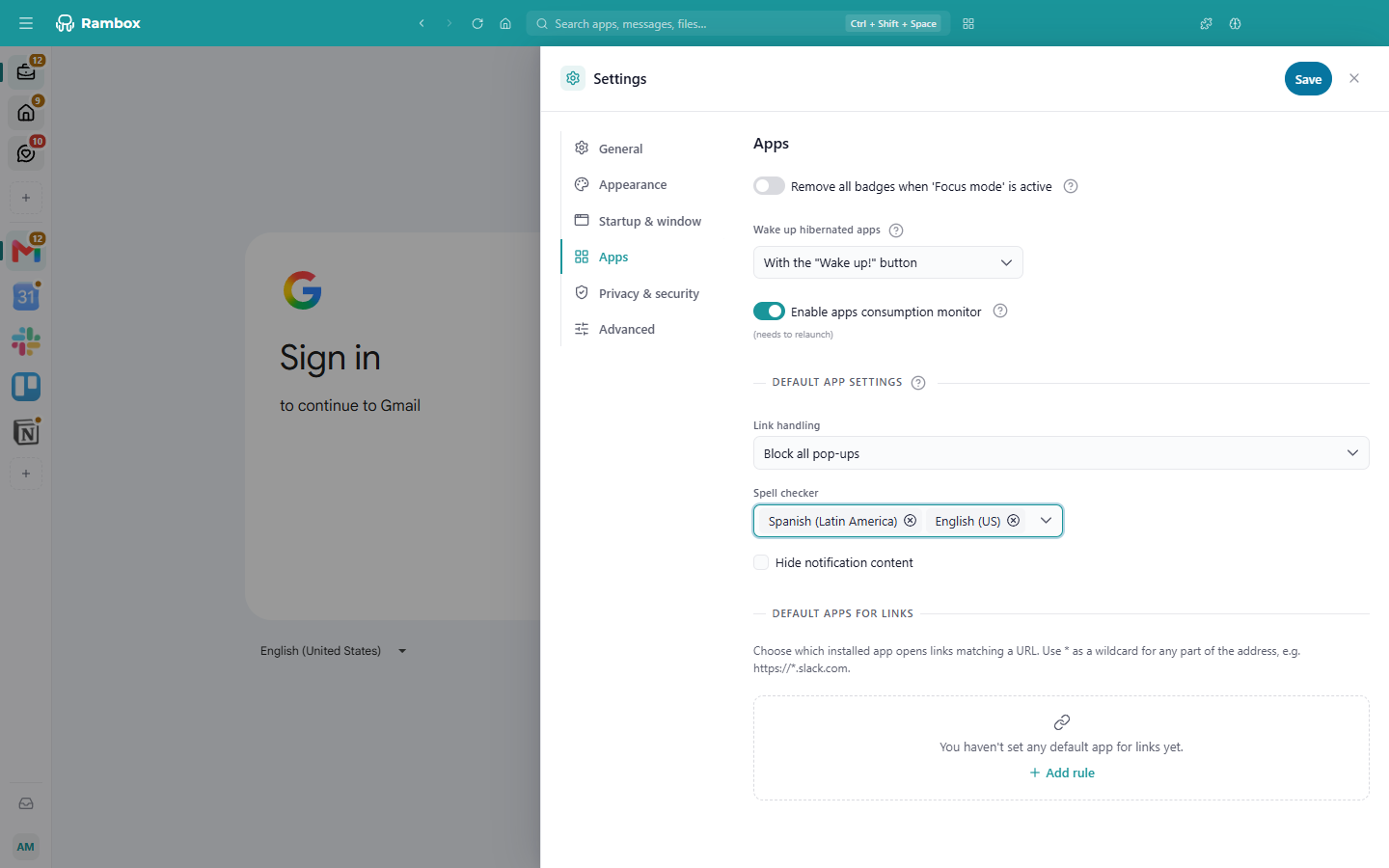 Settings › Apps: Remove all badges when 'Focus mode' is active, Wake up hibernated apps, Enable apps consumption monitor, the 'Default app settings' section and the 'Default apps for links' section