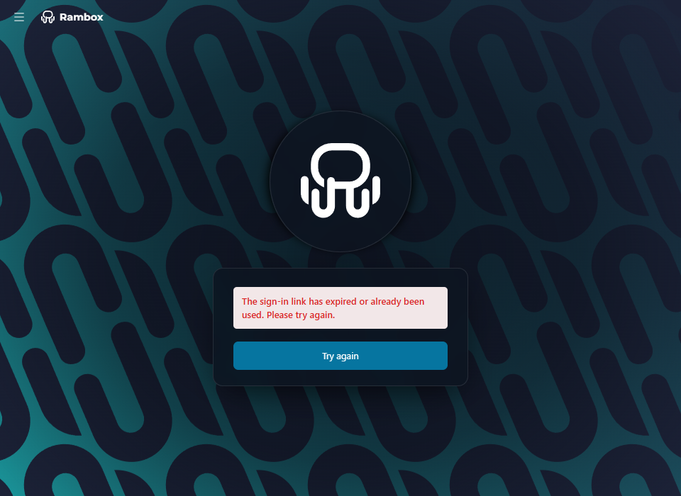 Welcome screen in the error state: red alert with 'The sign-in link has expired or already been used. Please try again.' and 'Try again'