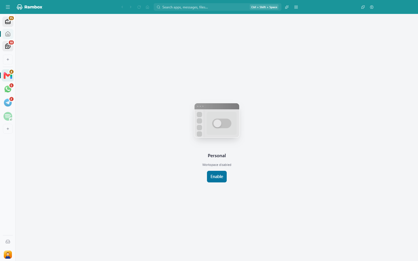 The centre area showing 'Workspace disabled' with the 'Enable' button