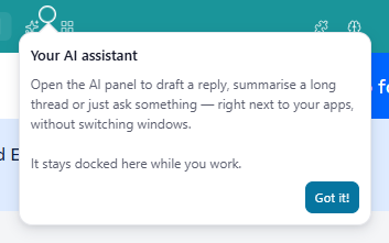 A pulsing hint dot on the AI button in the title bar and its open popover 'Your AI assistant' with 'Got it!'