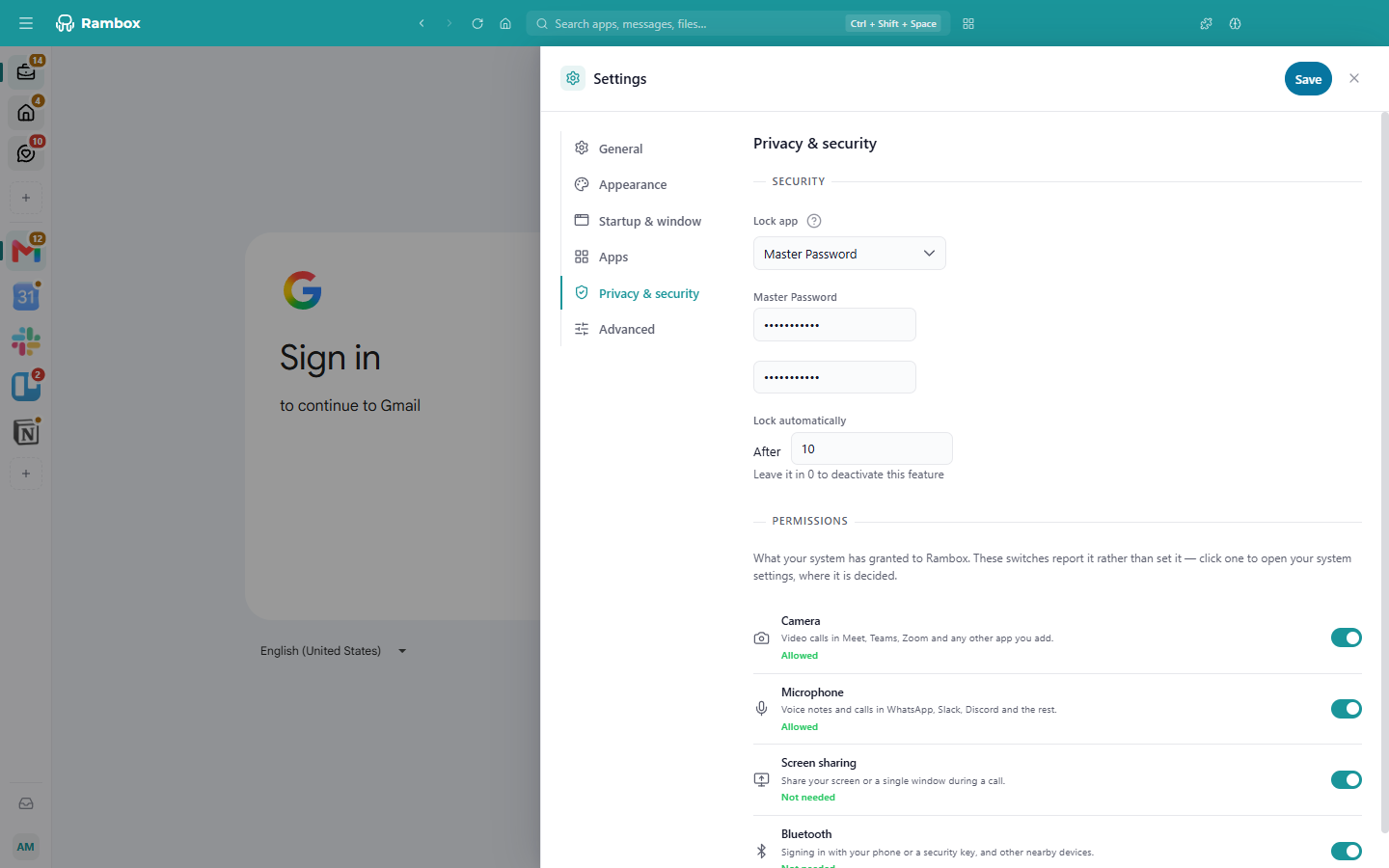 Settings → Privacy & security, with 'Lock app' set to Master Password, the two password fields and 'Lock automatically'