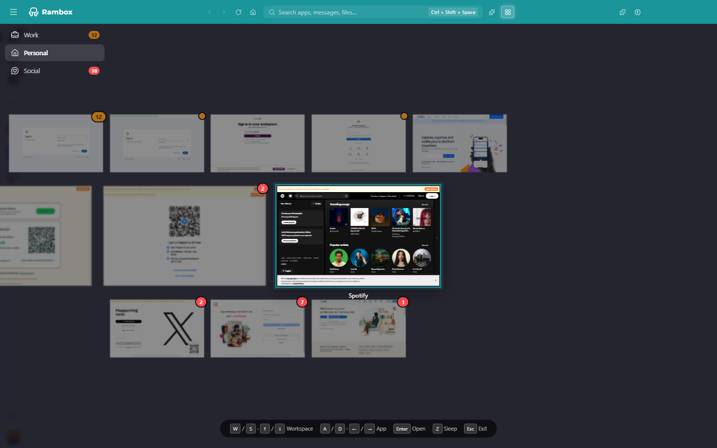 Quick View: workspace list on the left, app cards in a grid with badges, focus ring on one card with its name, and the keyboard hints at the bottom