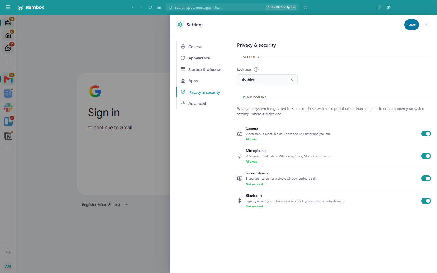 Settings › Privacy & security › Permissions on Windows: Camera and Microphone Allowed, Screen sharing and Bluetooth Not needed