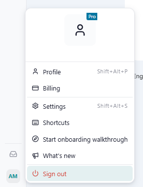 Profile menu open from the avatar: Profile, Billing/Change plan, Settings, Shortcuts, Start onboarding walkthrough, What's new, Sign out